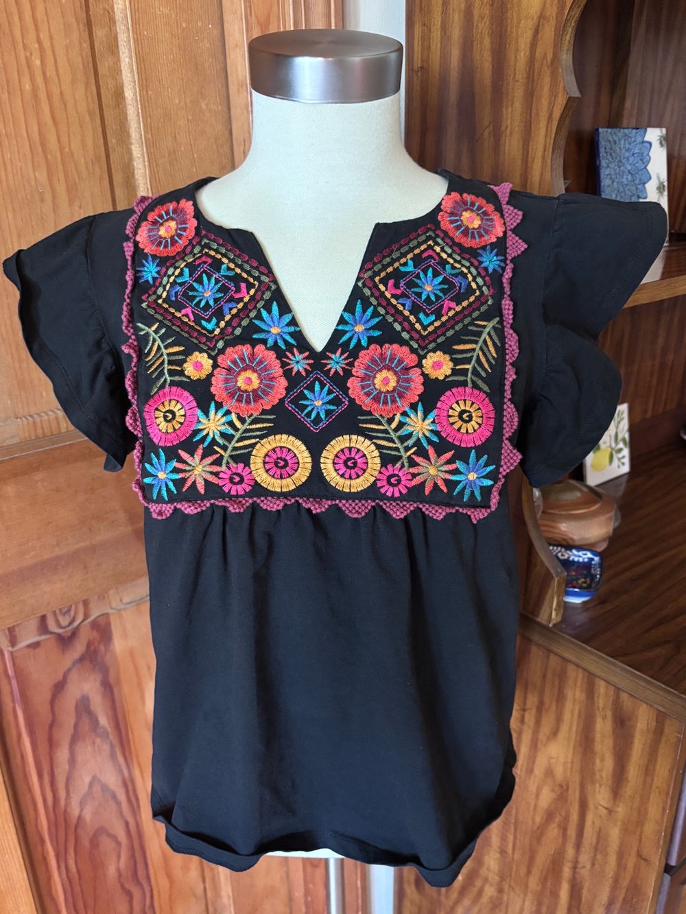 THML Embroidered Black Floral Peasant Top S